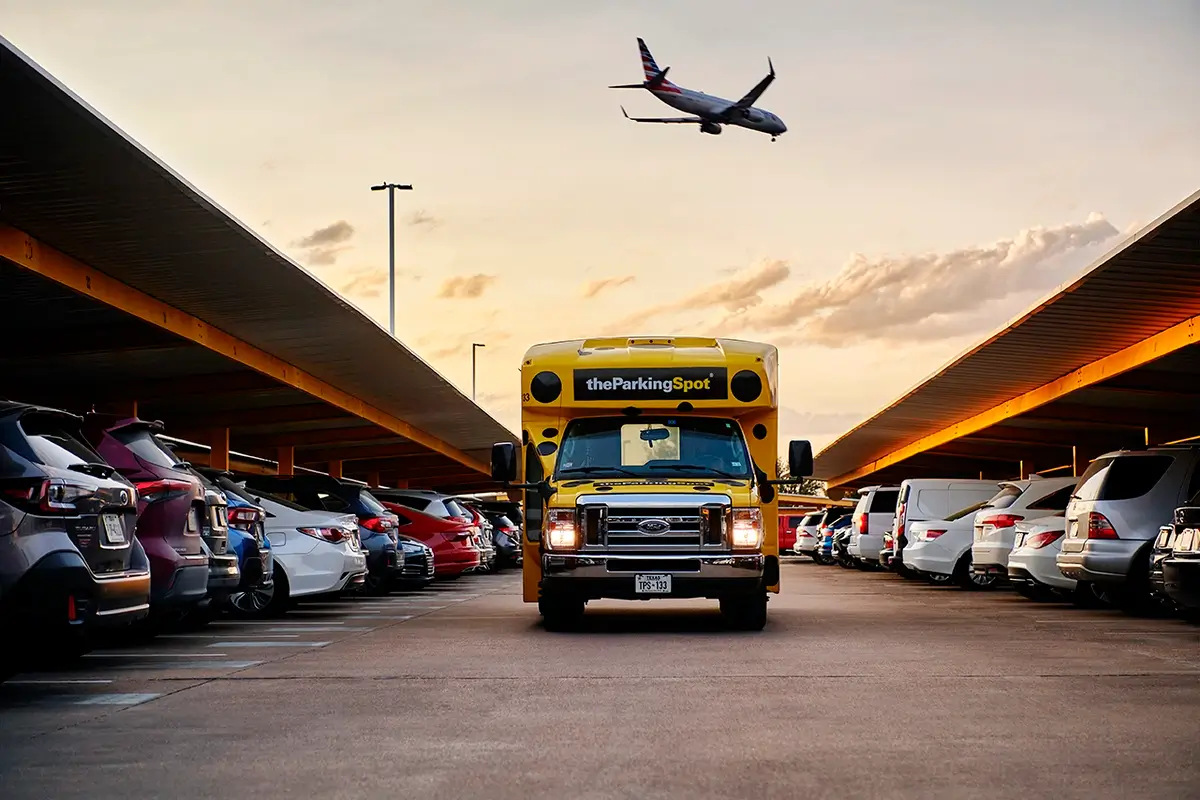 Airport shuttle at sunset.