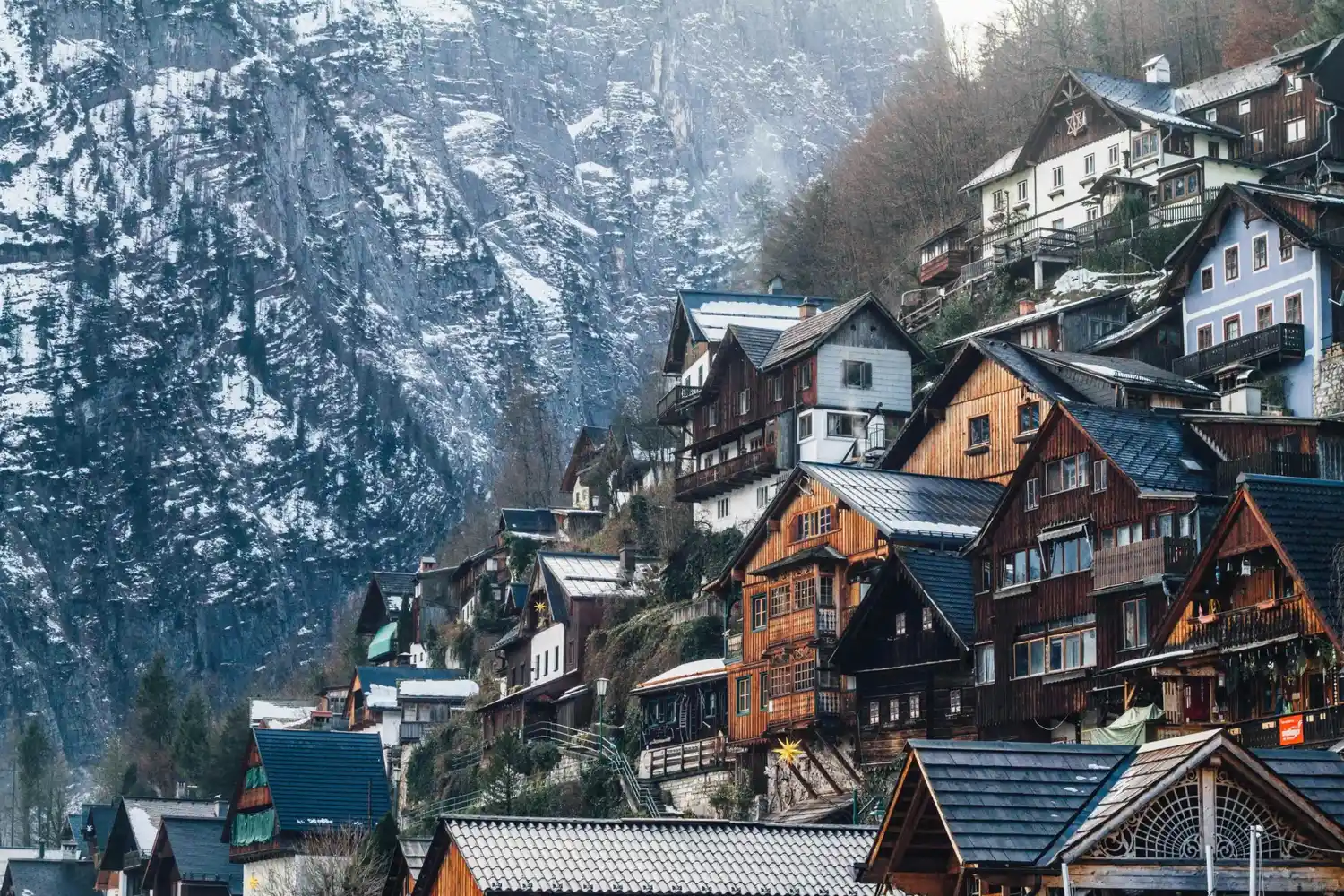 snow covered houses in europe