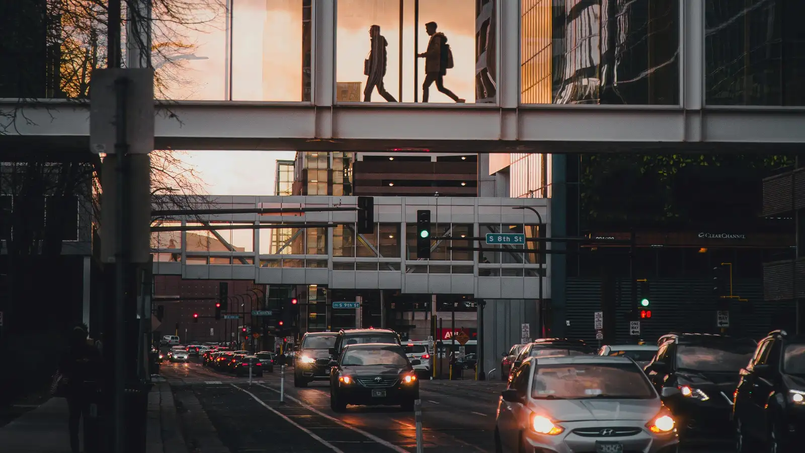 Downtown Minneapolis showing an overhead walkway.