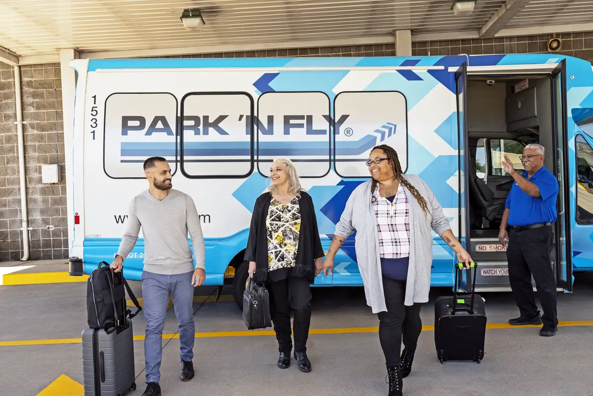 Miami airport passenger boards an airport shuttle.