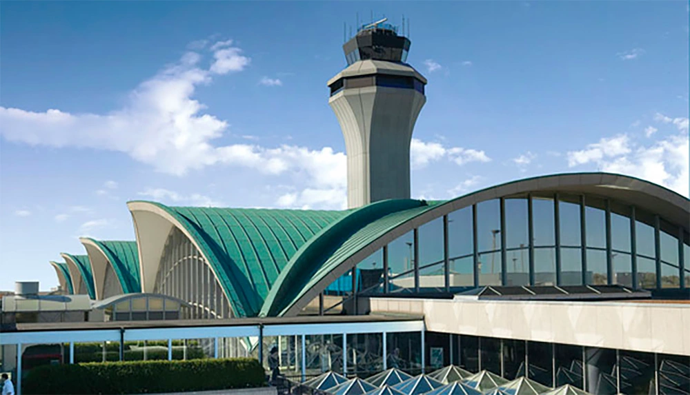 Terminal roof and control tower of St. Louis International Airport.